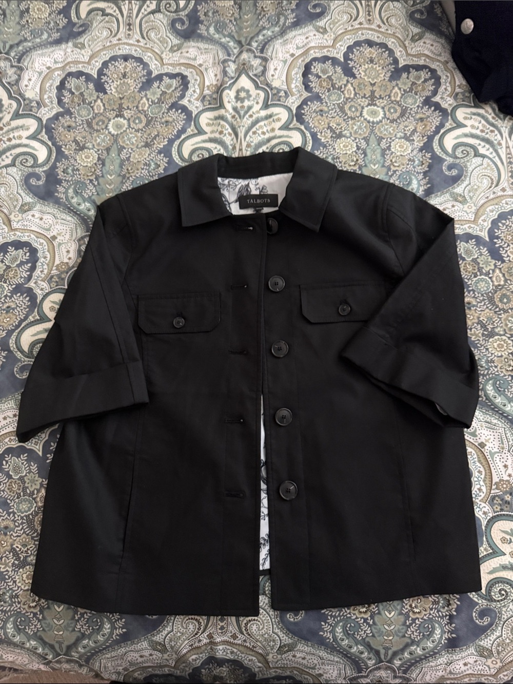 Talbots Black Short-Sleeve Button Front Coat